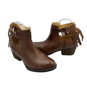 Harley Davidson Amory Brown Leather Fringe Cut Out Boho Moto Ankle Boots Booties